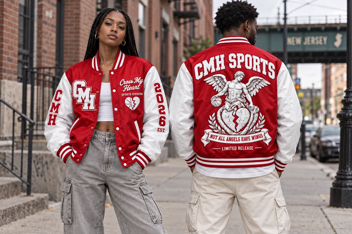CMH Sports red varsity jacket model front and back