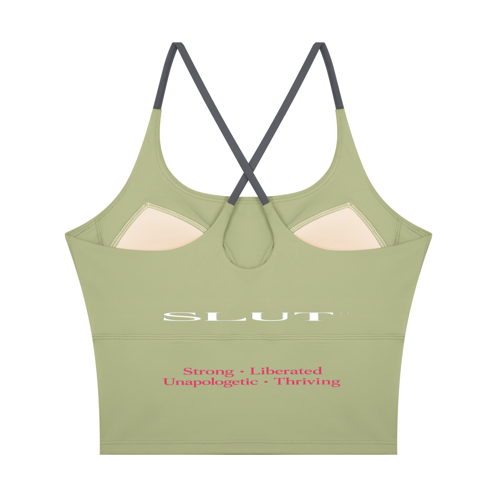 SLUT CROSS\-BACK CROP SPORTS BRA  **STRONG • LIBERATED UNAPOLOGETIC  THRIVING
