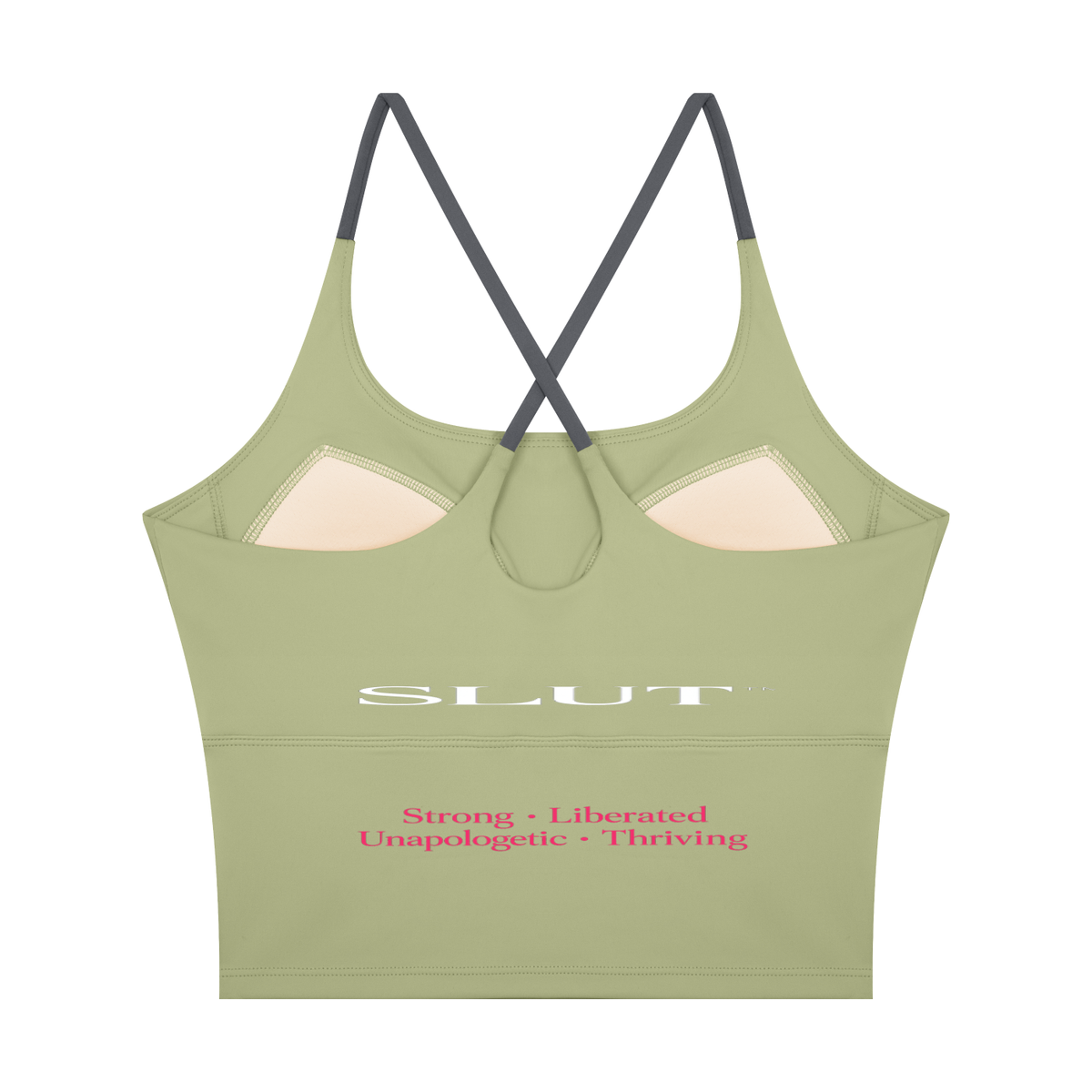SLUT CROSS\-BACK CROP SPORTS BRA  **STRONG • LIBERATED UNAPOLOGETIC  THRIVING