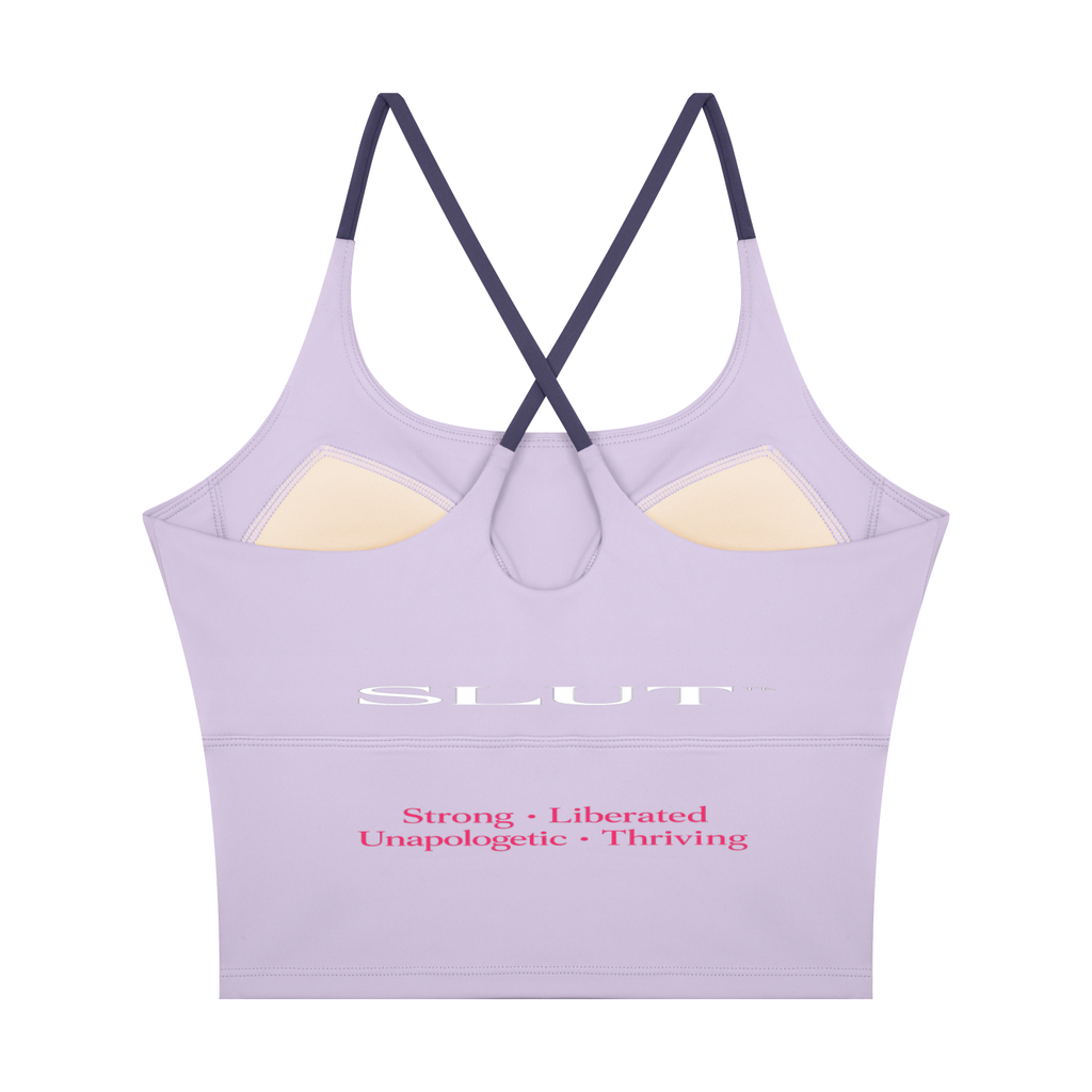 SLUT CROSS\-BACK CROP SPORTS BRA  **STRONG • LIBERATED UNAPOLOGETIC  THRIVING