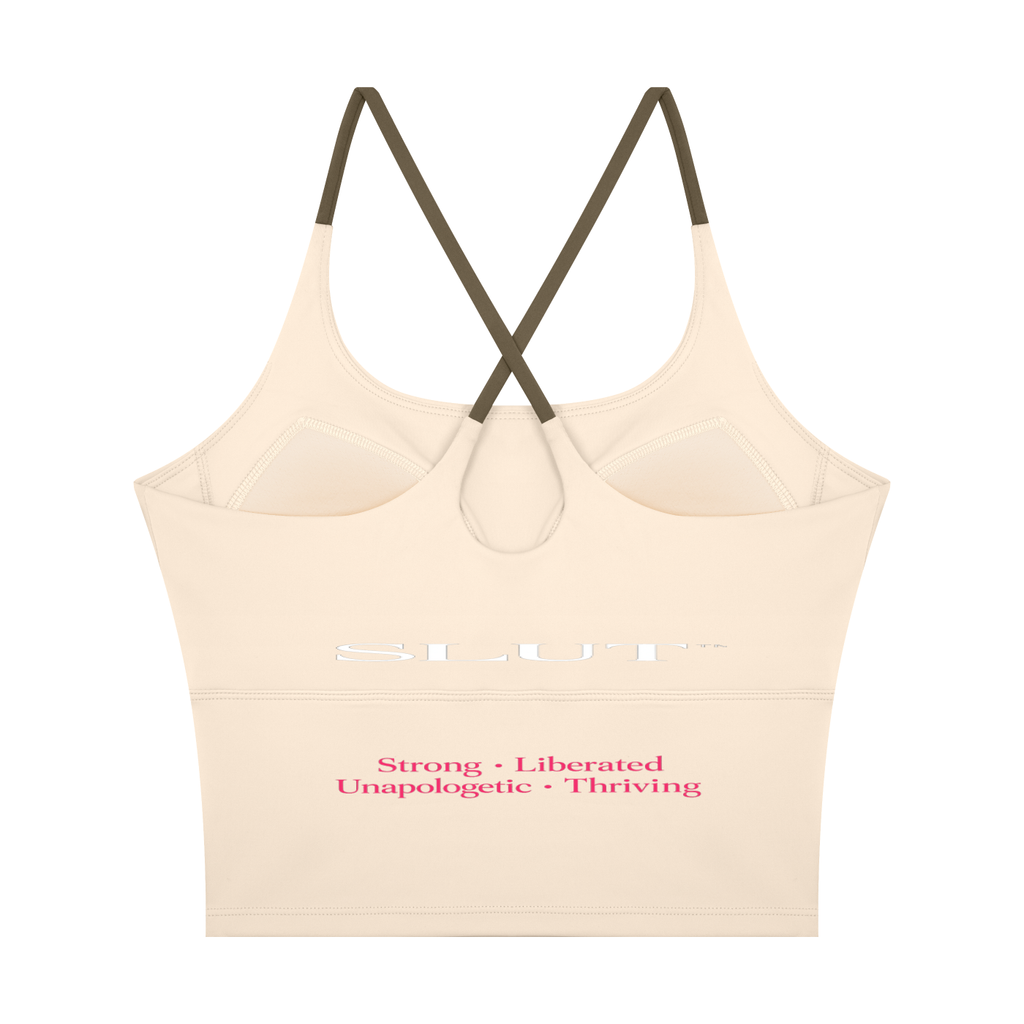 SLUT CROSS\-BACK CROP SPORTS BRA  **STRONG • LIBERATED UNAPOLOGETIC  THRIVING