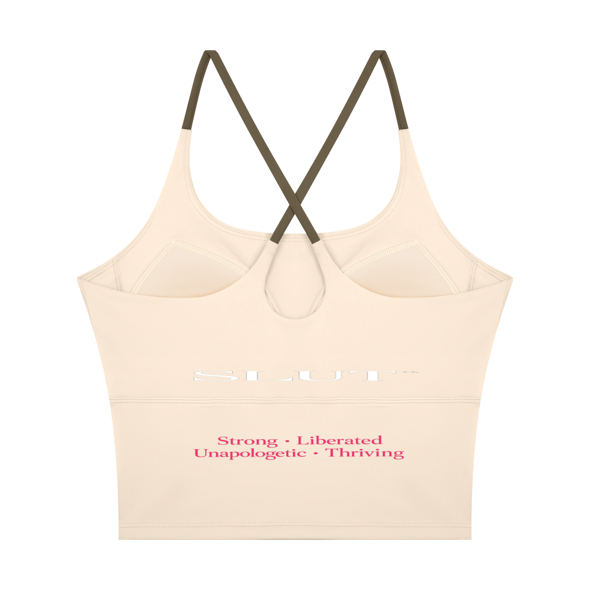 SLUT CROSS\-BACK CROP SPORTS BRA  **STRONG • LIBERATED UNAPOLOGETIC  THRIVING