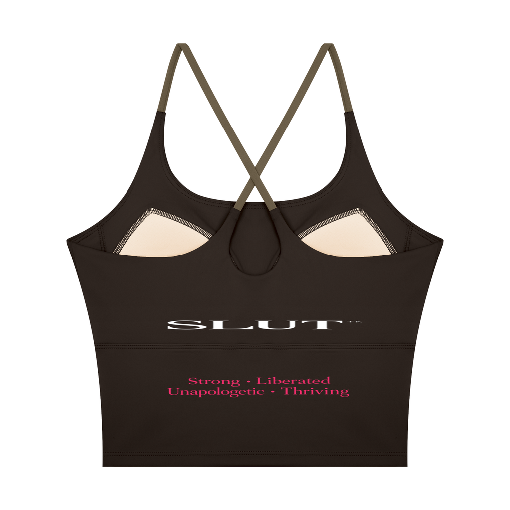 SLUT CROSS\-BACK CROP SPORTS BRA  **STRONG • LIBERATED UNAPOLOGETIC  THRIVING