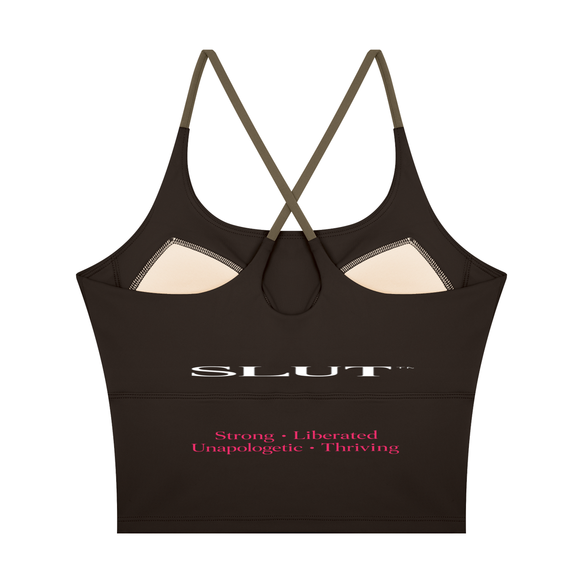 SLUT CROSS\-BACK CROP SPORTS BRA  **STRONG • LIBERATED UNAPOLOGETIC  THRIVING