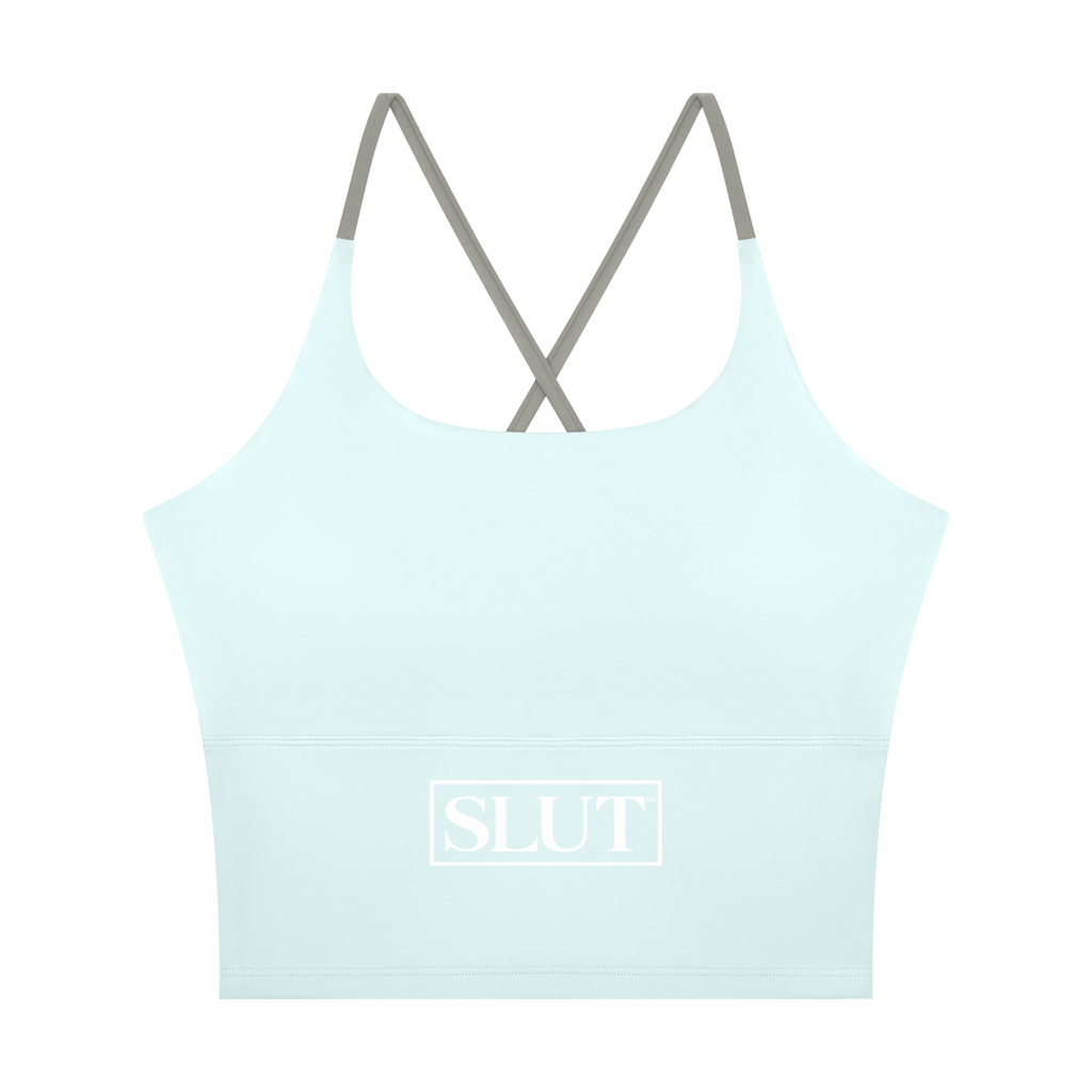 SLUT CROSS\-BACK CROP SPORTS BRA  **STRONG • LIBERATED UNAPOLOGETIC  THRIVING