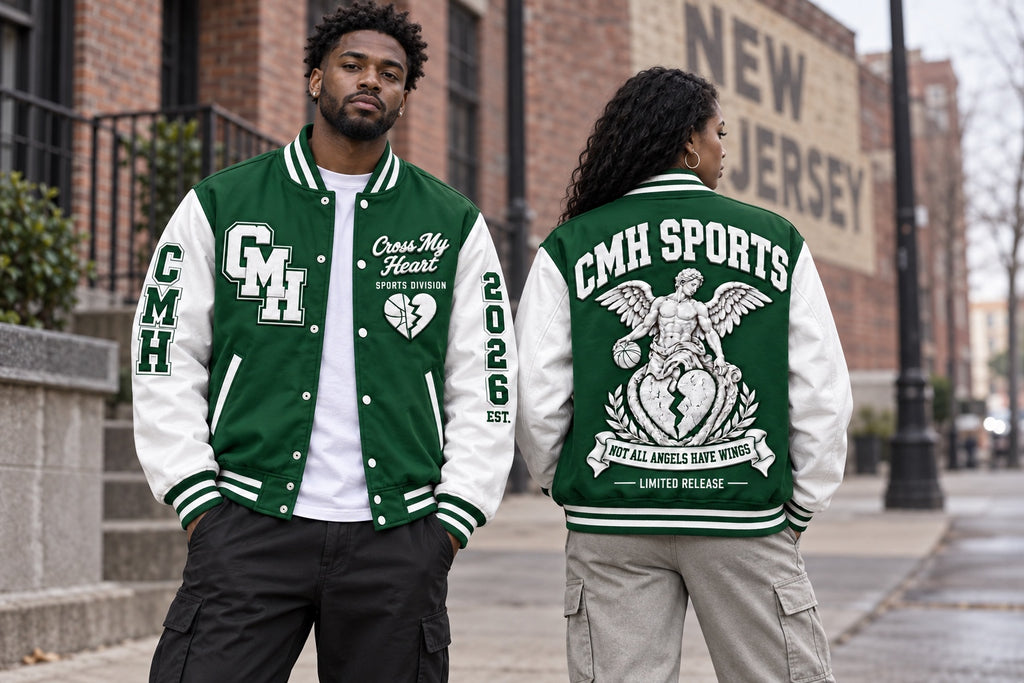 CMH Sports green varsity jacket model front and back