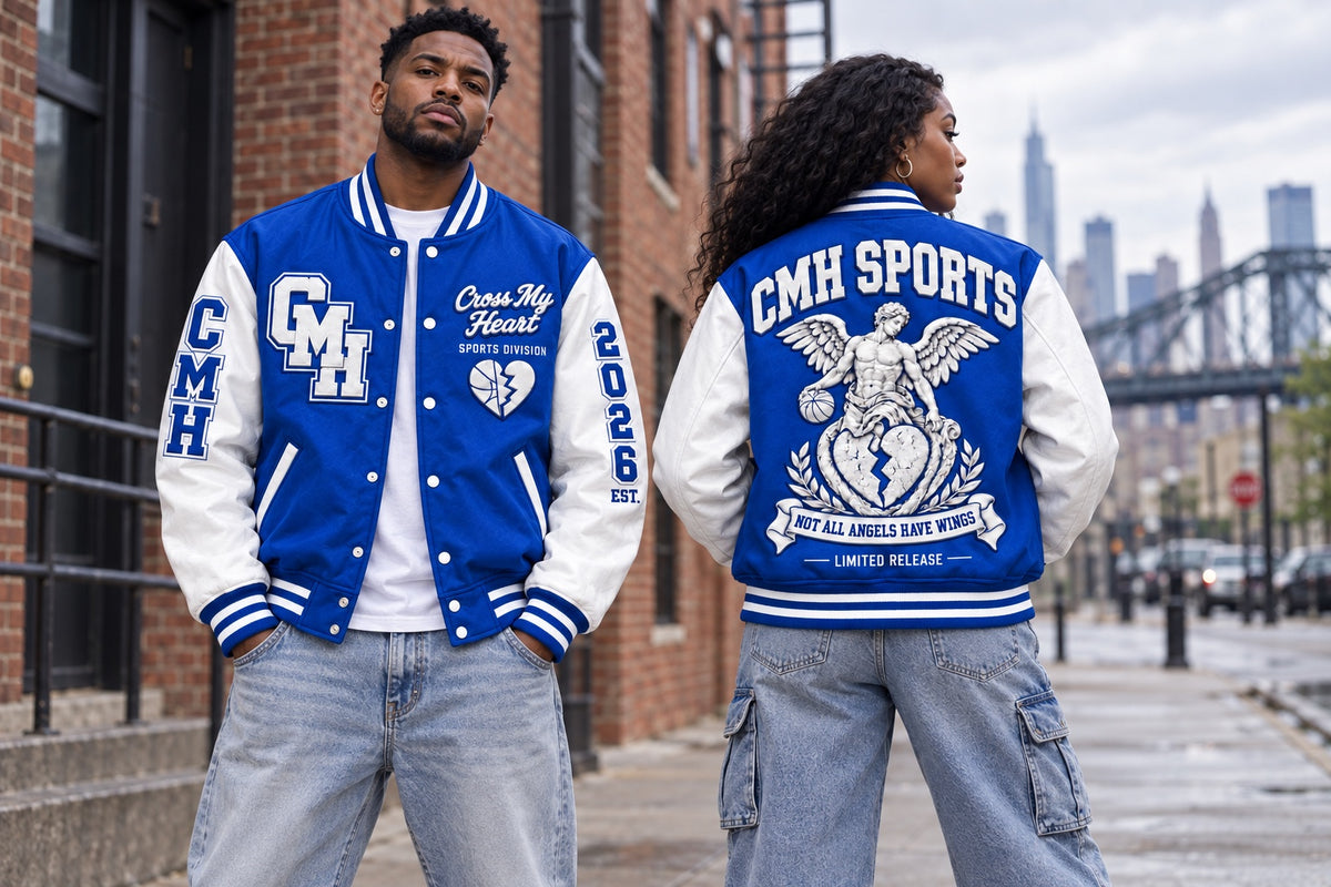 CMH Sports blue varsity jacket model front and back