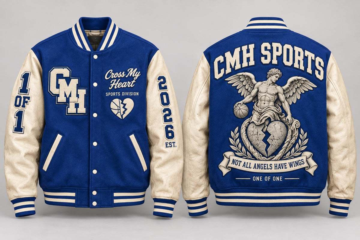 CMH Sports heavyweight blue varsity jacket front and back