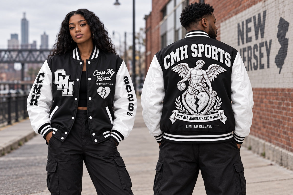CMH Sports black varsity jacket model front and back
