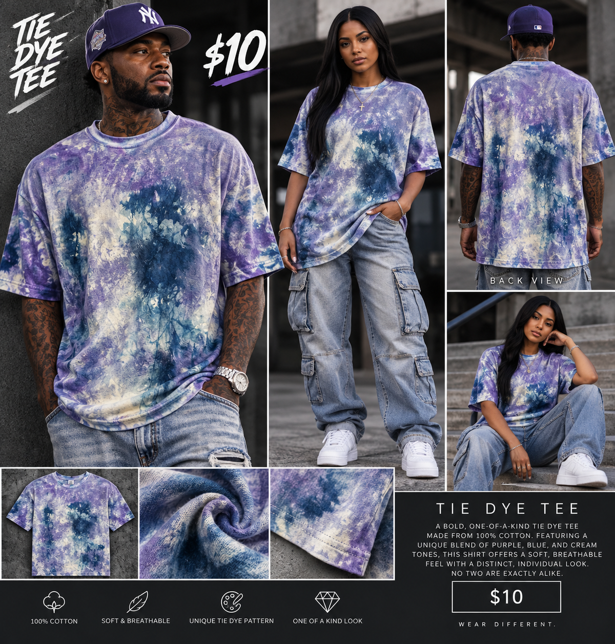 Heavyweight tie dye tee product and model details