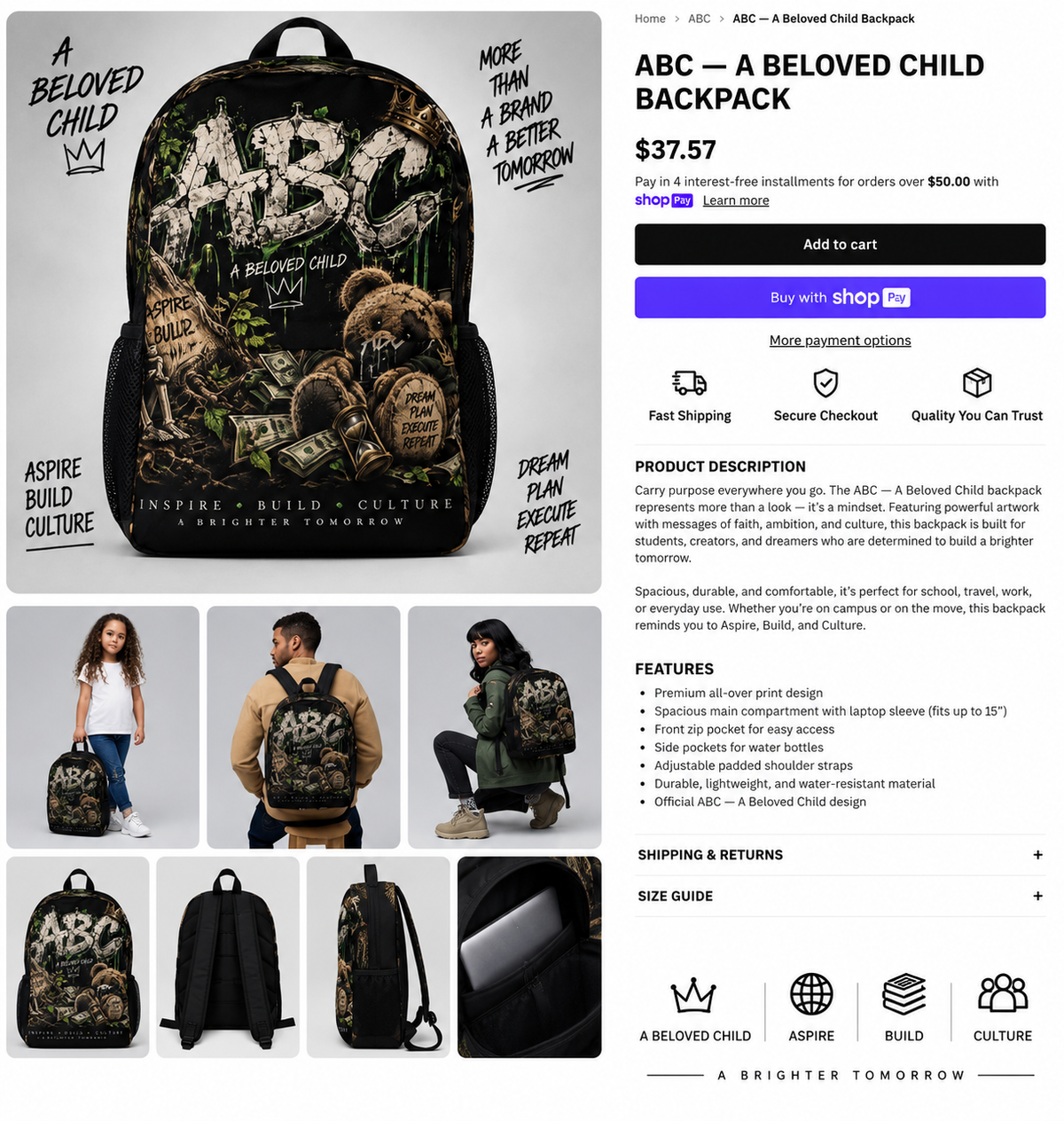 ABC A Beloved Child Aspire Backpack lifestyle and product gallery