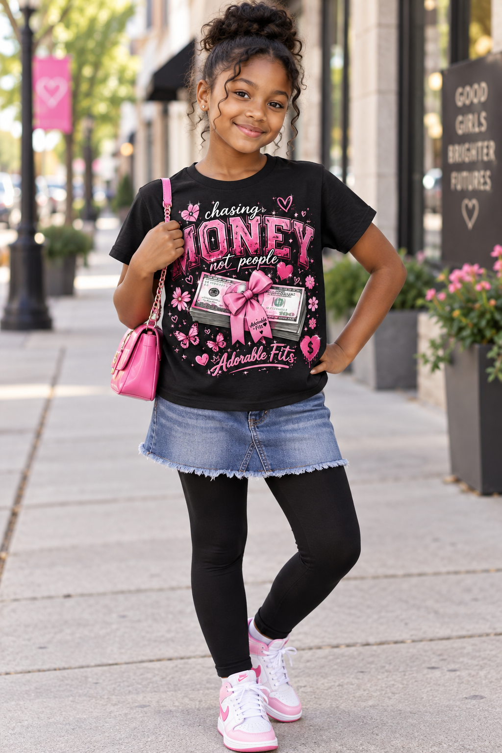 Youth model wearing Adorable Fits Chasing Money black graphic tee