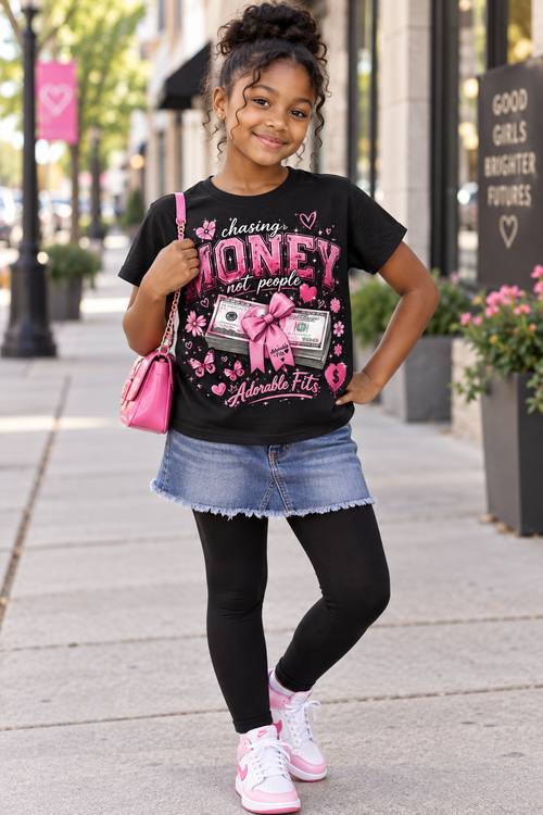 Youth model wearing Adorable Fits Chasing Money black graphic tee