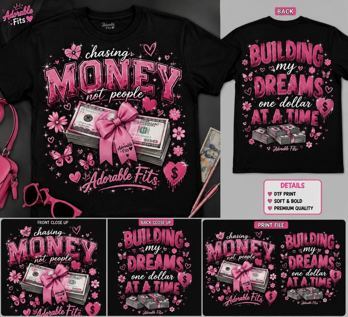 Adorable Fits Chasing Money Building My Dreams youth black graphic tee front and back