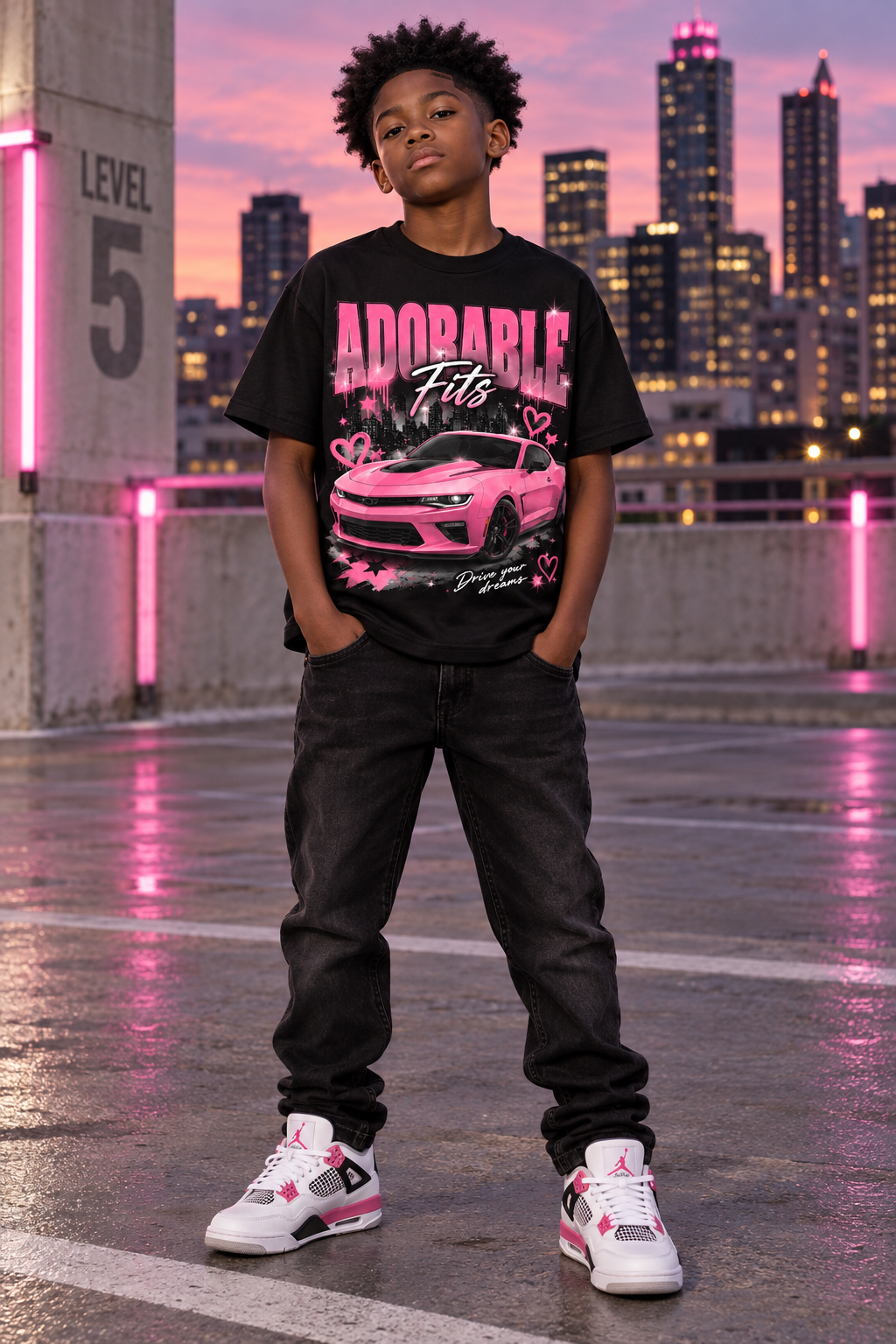 Black youth model wearing Adorable Fits Drive Your Dreams black graphic tee