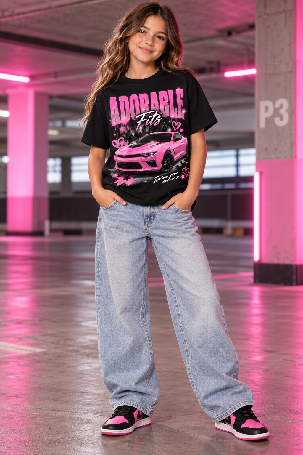 Youth model wearing Adorable Fits Drive Your Dreams black graphic tee