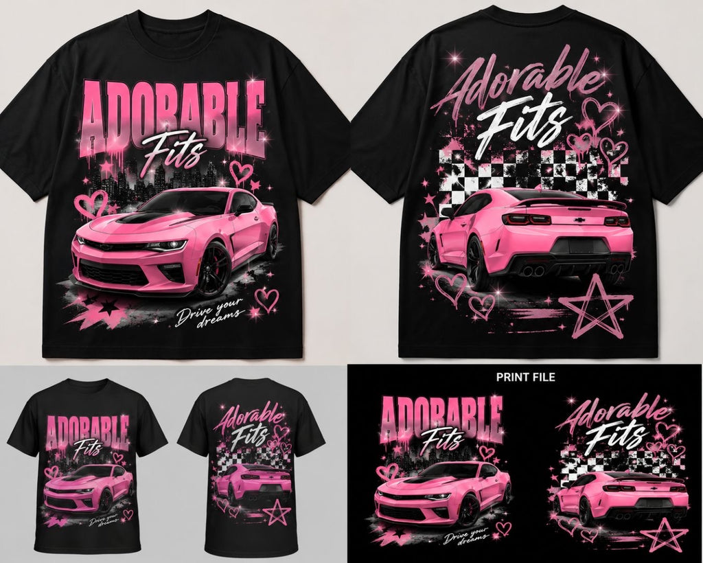 Adorable Fits Drive Your Dreams pink car youth black graphic tee front and back