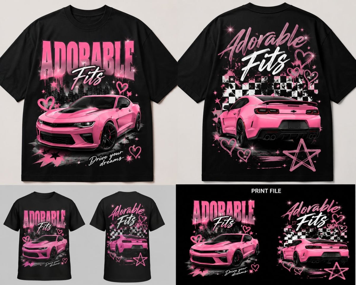 Adorable Fits Drive Your Dreams pink car youth black graphic tee front and back