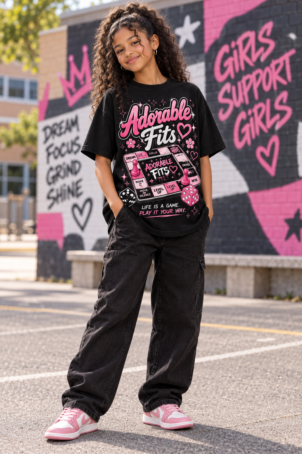 Youth model wearing Adorable Fits Every Move Counts black graphic tee