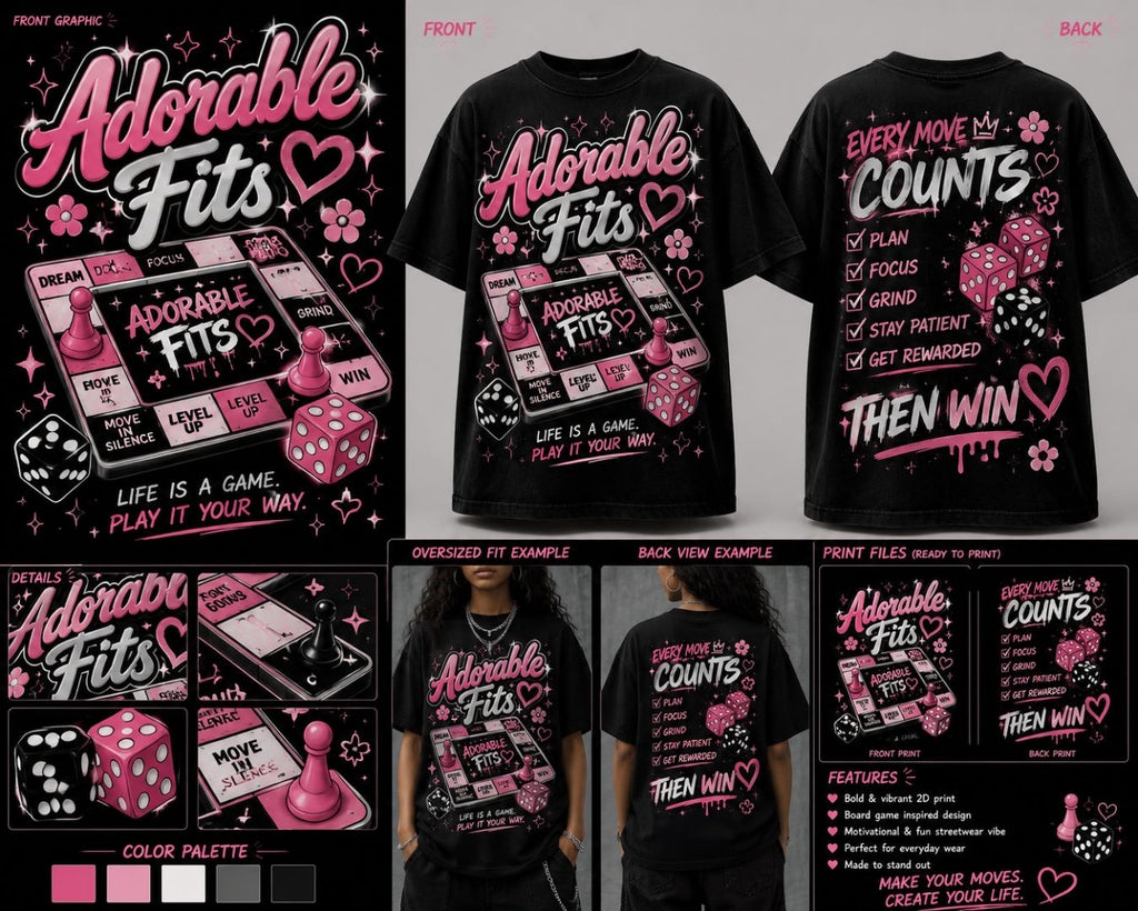 Adorable Fits Every Move Counts youth black graphic tee front and back