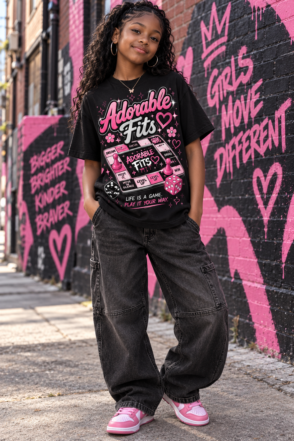 Black youth model wearing Adorable Fits Every Move Counts black graphic tee
