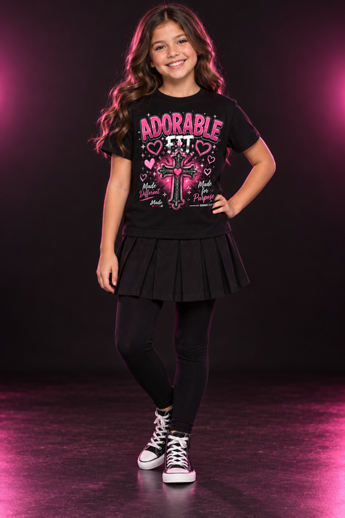 Youth model wearing Adorable Fit Made for Purpose black cross graphic tee