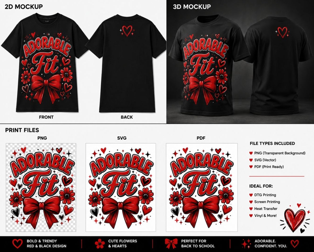 Adorable Fit red bow and flowers black youth tee product views