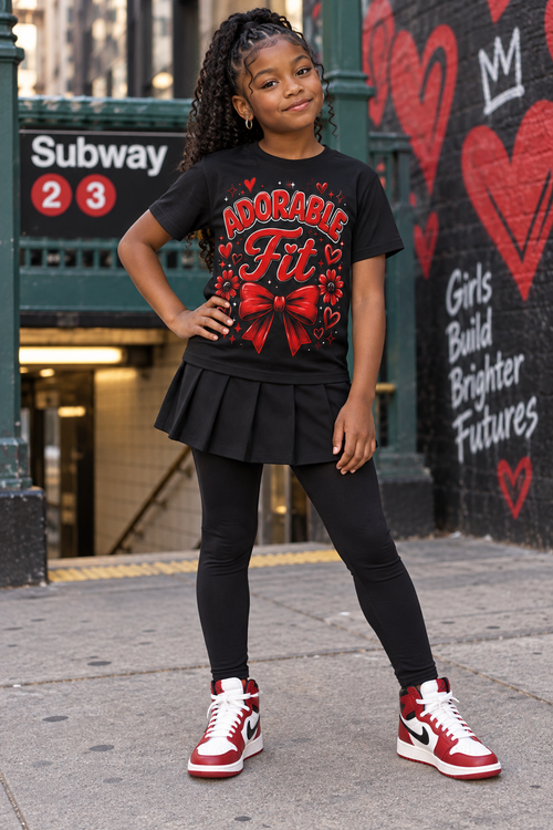 Black youth model wearing Adorable Fit red bow and flowers black graphic tee