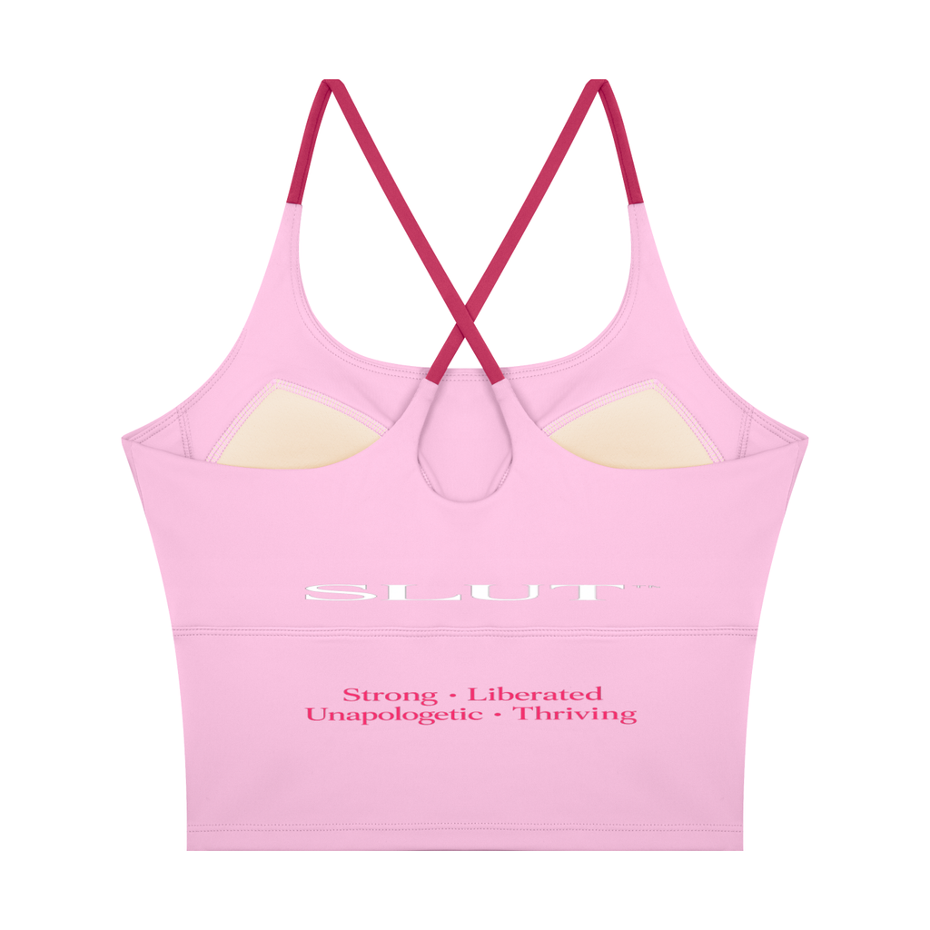 SLUT CROSS\-BACK CROP SPORTS BRA  **STRONG • LIBERATED UNAPOLOGETIC  THRIVING