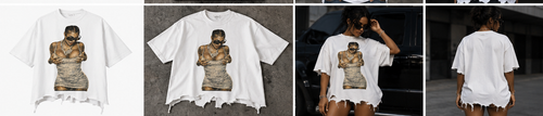 Bad Bitches Only distressed portrait tee mockup, flat lay and model photos
