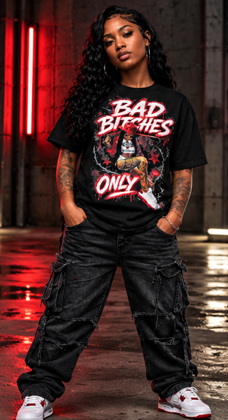 Bad Bitches Only tee female model full front