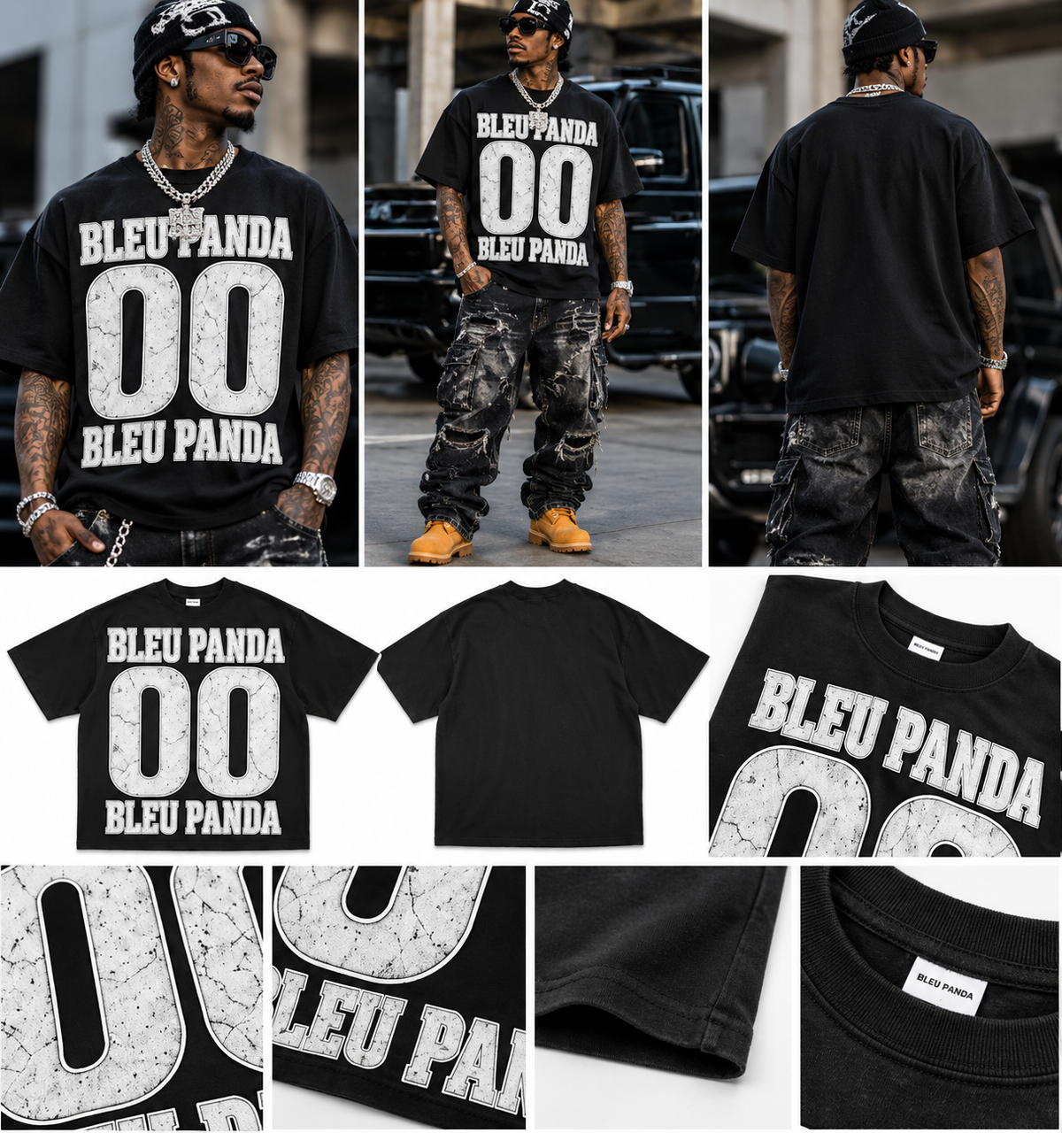 Bleu Panda 00 black oversized tee model and product views