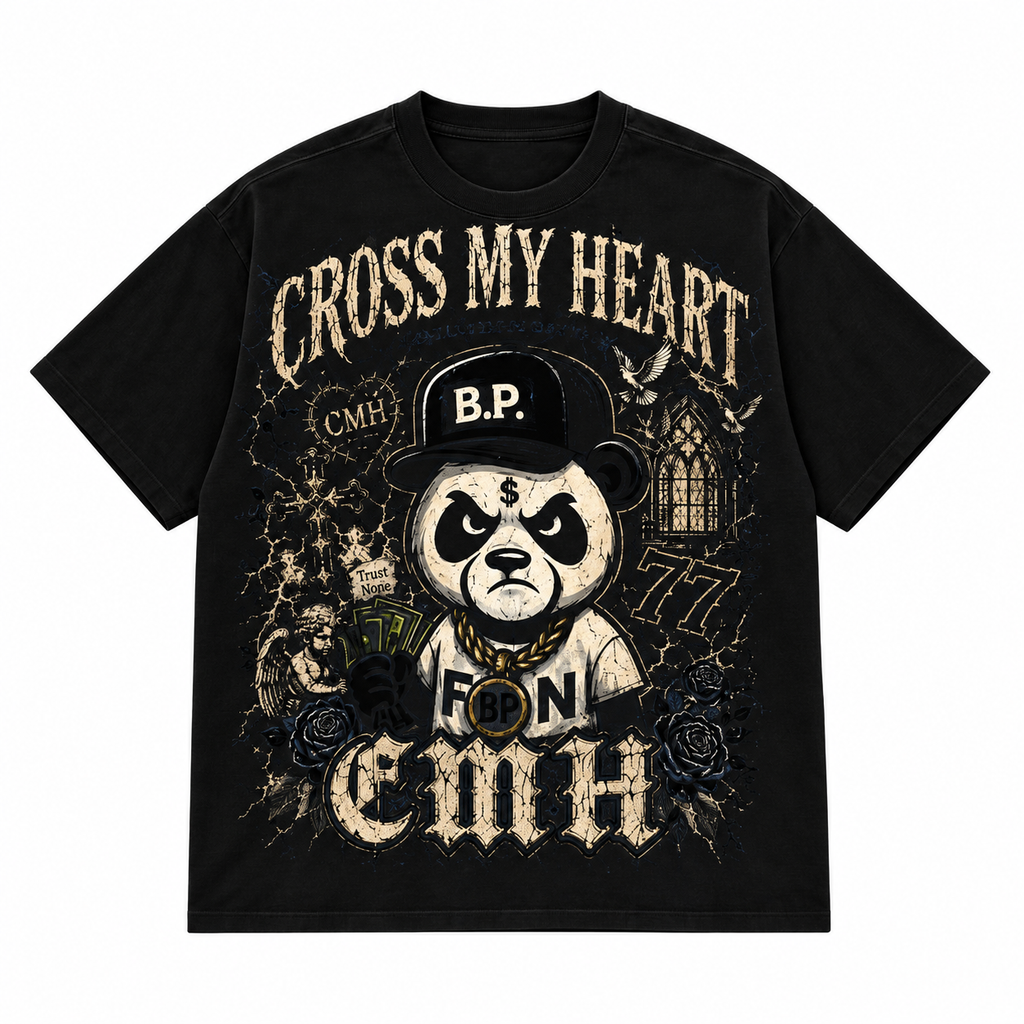 Bleu Panda x Cross My Heart Crowned Legacy black tee front