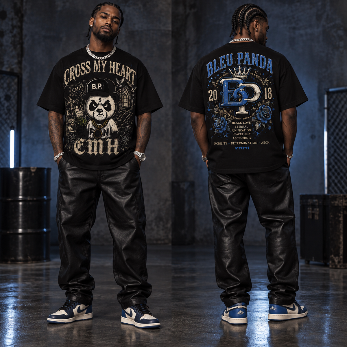 Bleu Panda x Cross My Heart Crowned Legacy tee model front and back