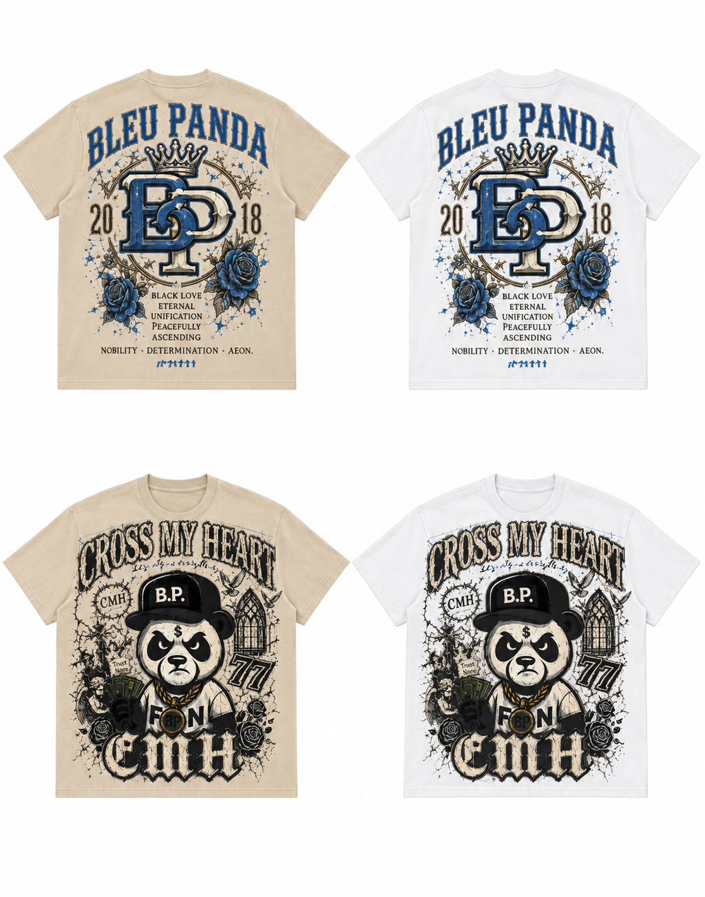 Bleu Panda x Cross My Heart Crowned Legacy Tee — sand and white colorways