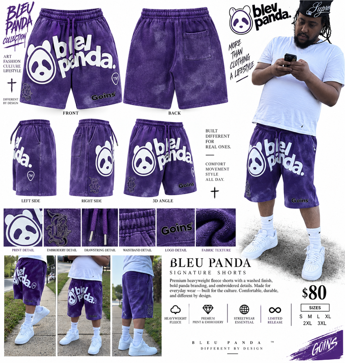 Bleu Panda purple signature shorts product and model lookbook
