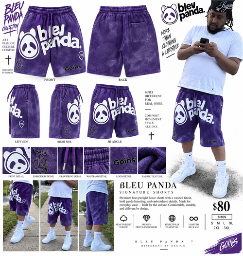 Bleu Panda purple signature shorts product and model lookbook