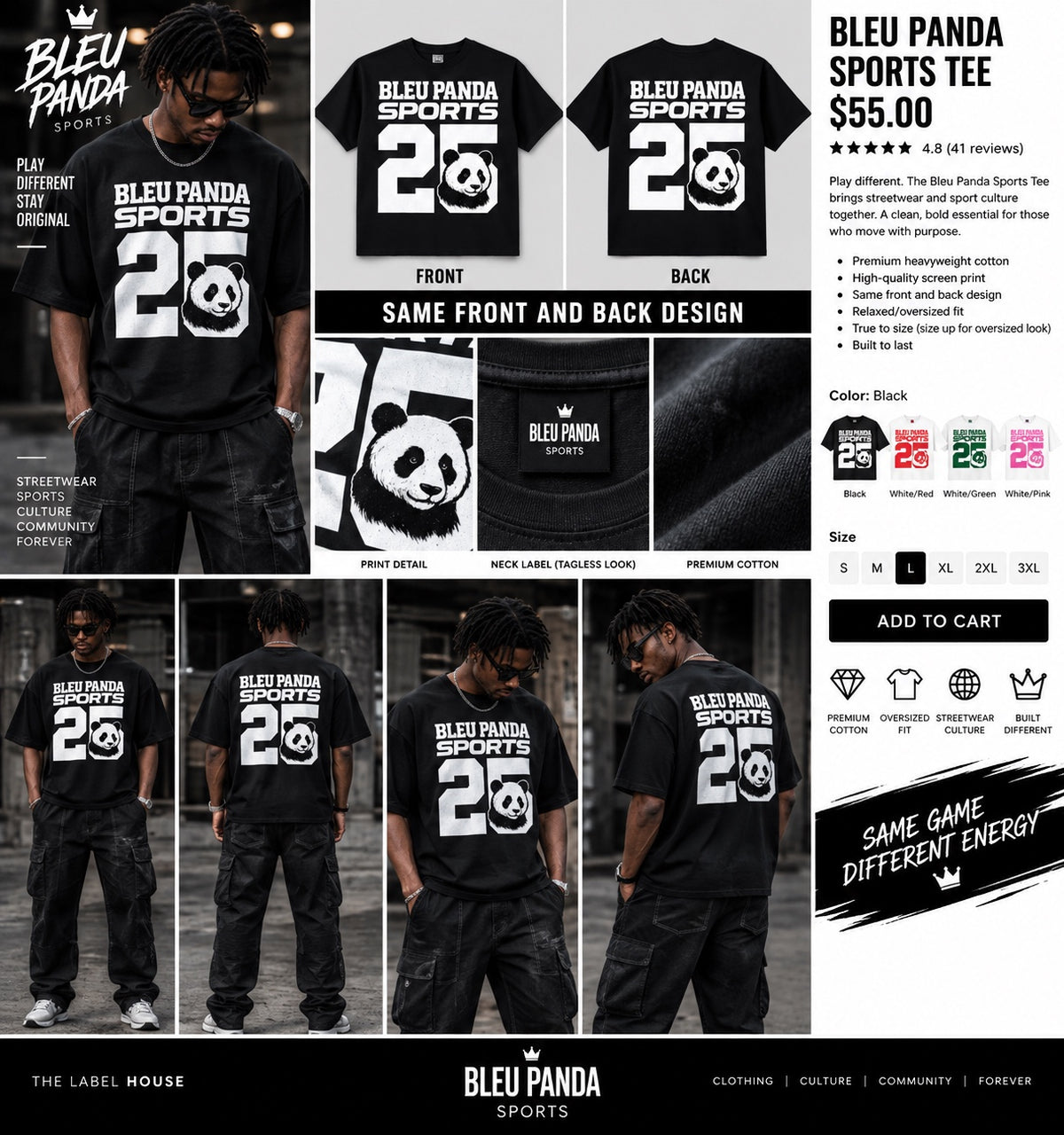 Bleu Panda Sports Tee black product and model photos
