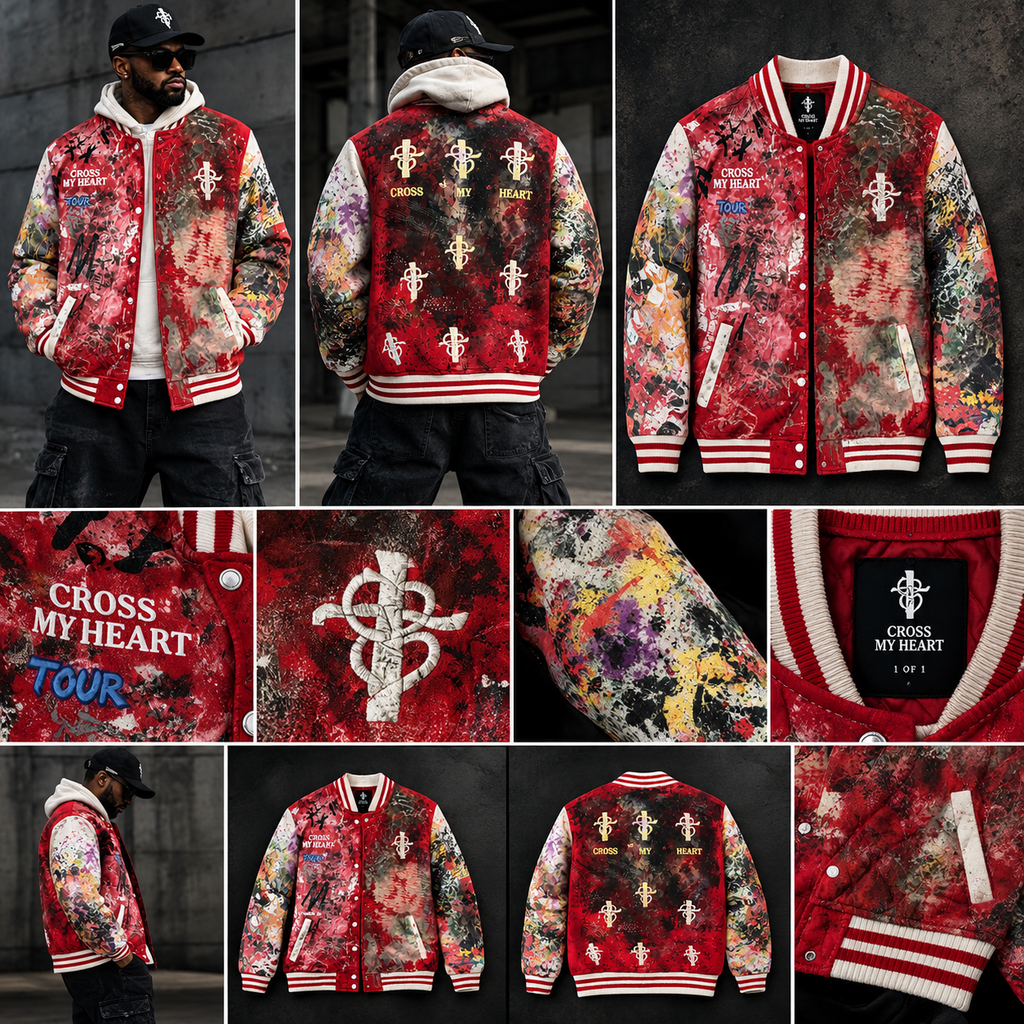 Cross My Heart 1 of 1 varsity jacket model and detail views