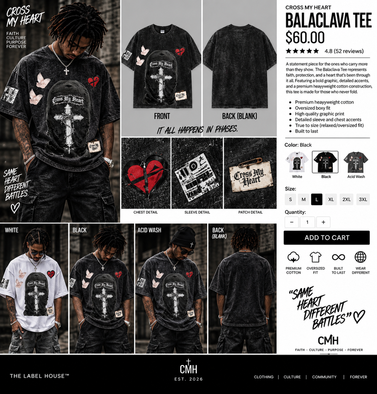 Cross My Heart Balaclava Tee black, white and acid wash model lookbook