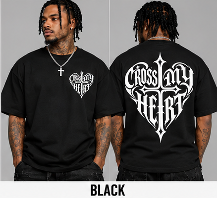 Cross My Heart black tee front and back on models