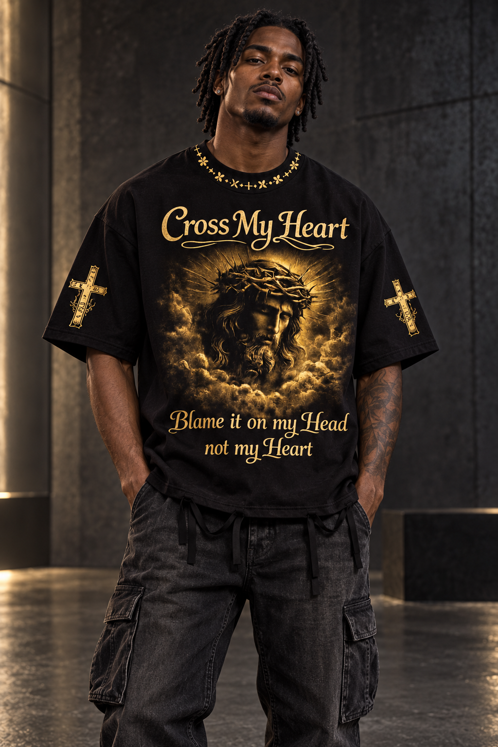 Male model wearing black Cross My Heart Blame It On My Head Not My Heart tee