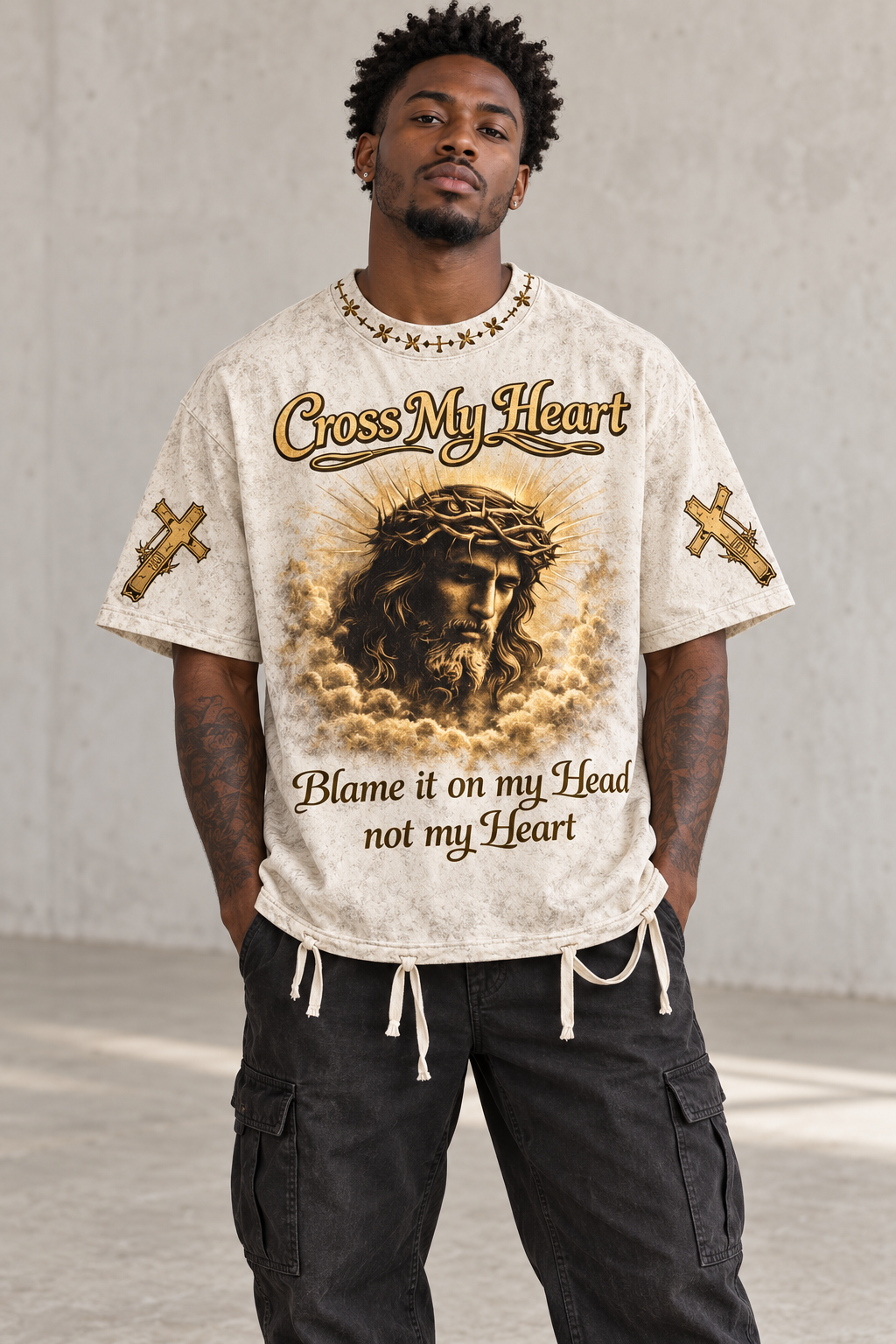Male model wearing white Cross My Heart Blame It On My Head Not My Heart tee