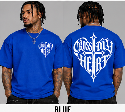 Cross My Heart blue tee front and back on models