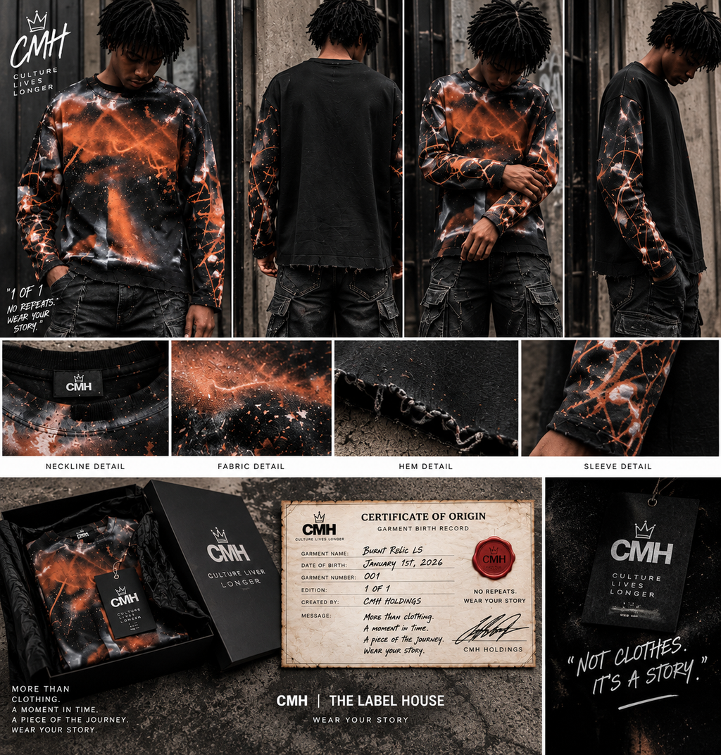 CMH Burnt Relic LS Shopify product gallery with model shots and Garment Birth Record