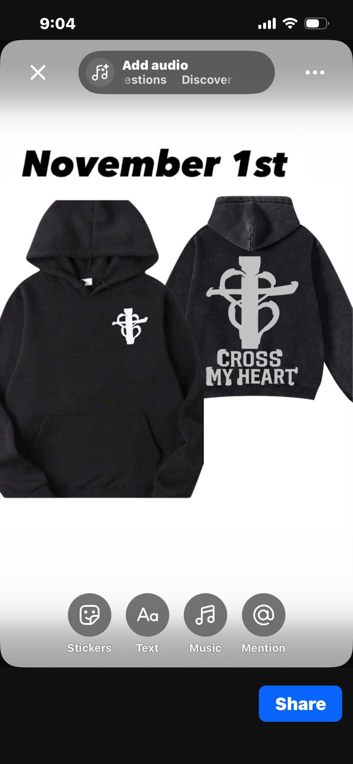 Cross My Heart black hoodie front and back