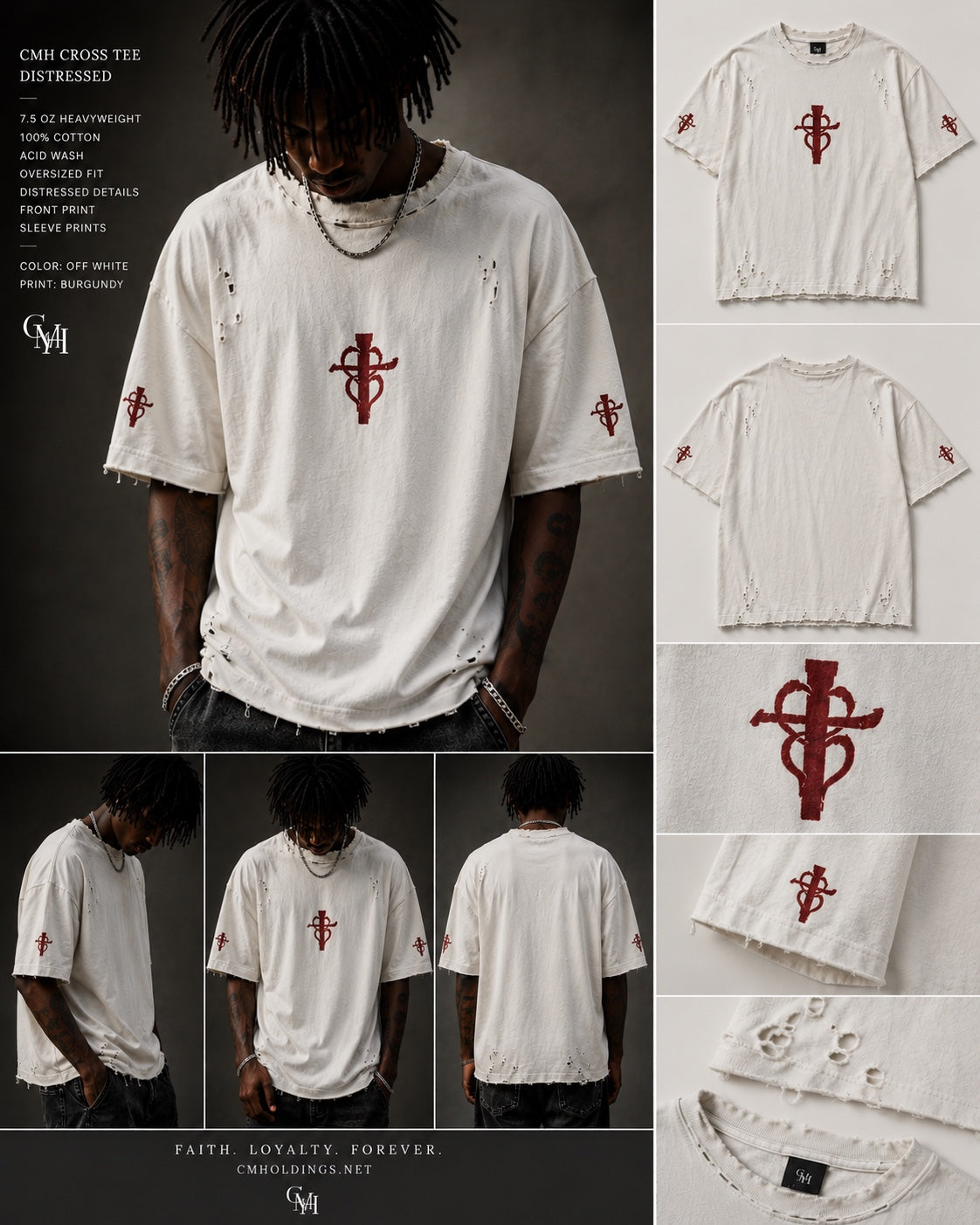 CMH Cross Tee Distressed off white burgundy lookbook