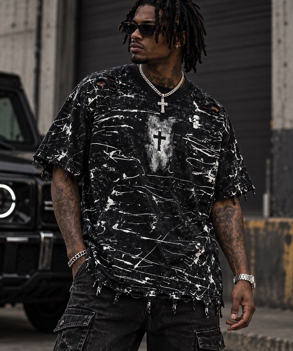 Cross My Heart distressed black and white cross tee model photo
