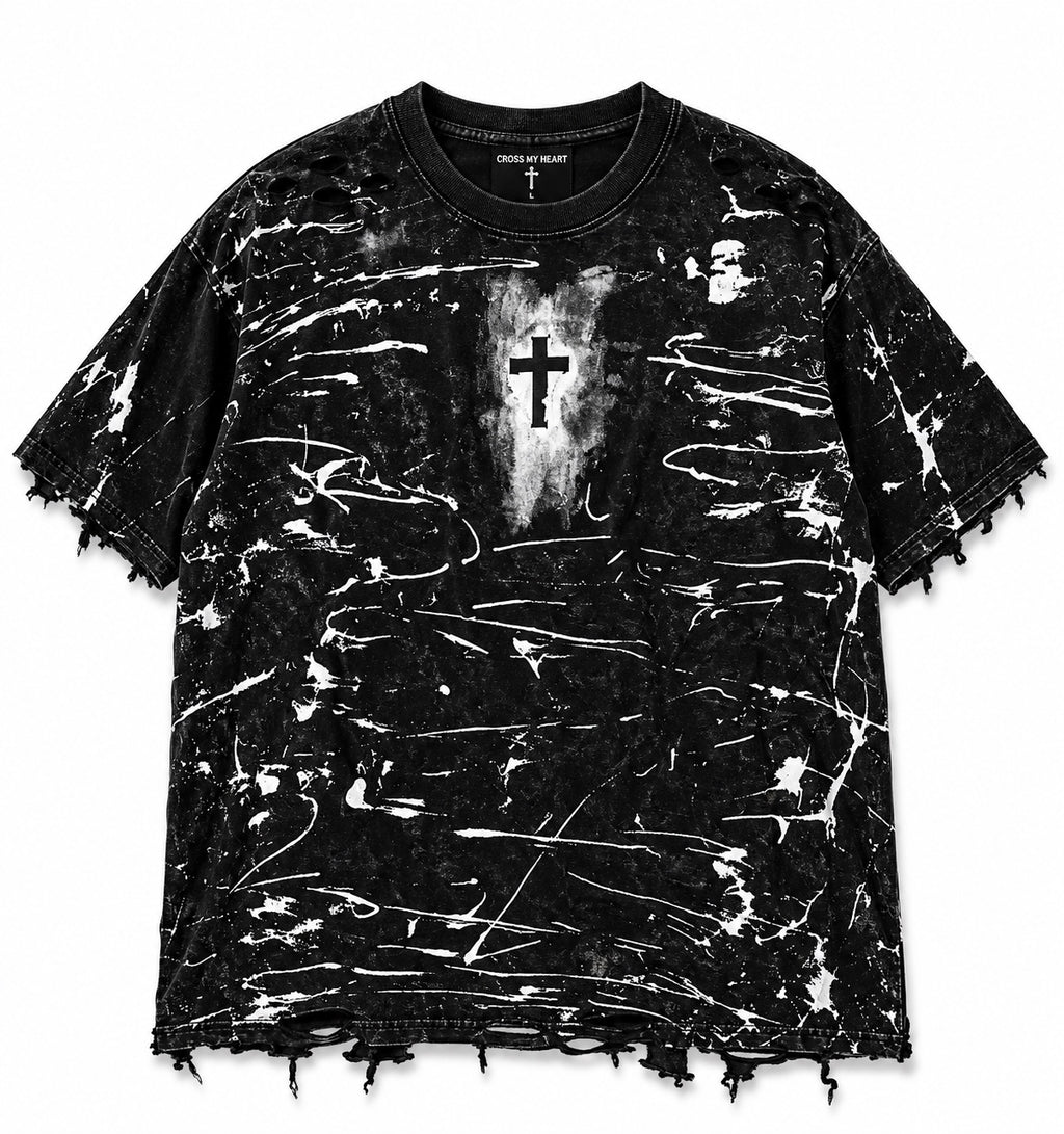 Cross My Heart distressed black and white cross tee 1 of 1 size 2XL