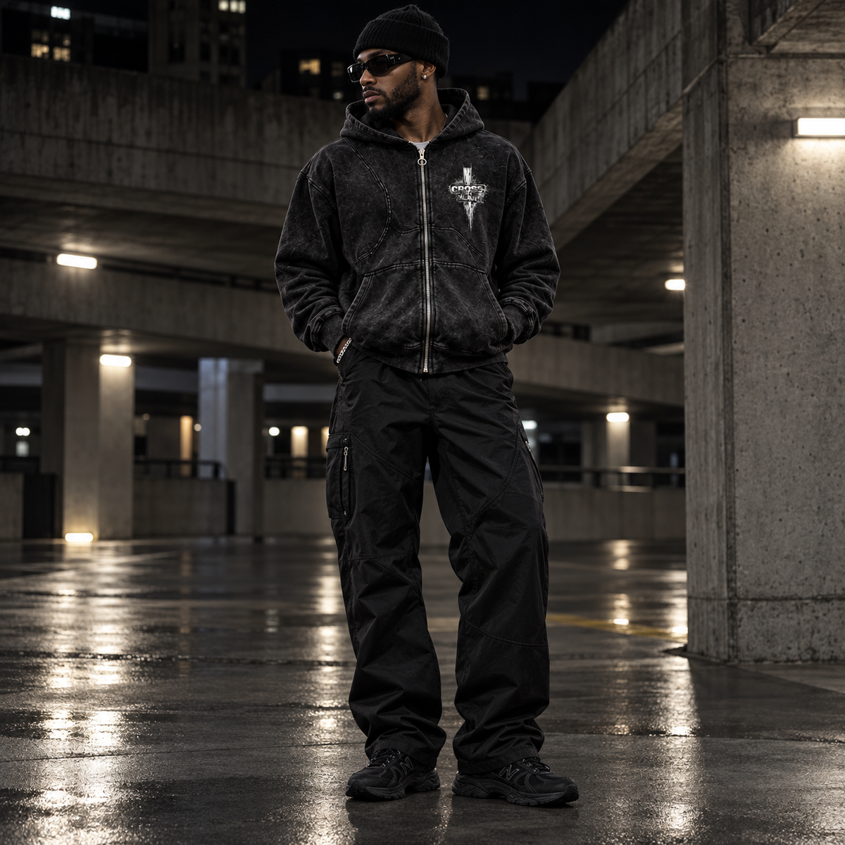 Model wearing Five Cross Panel Zip Hoodie